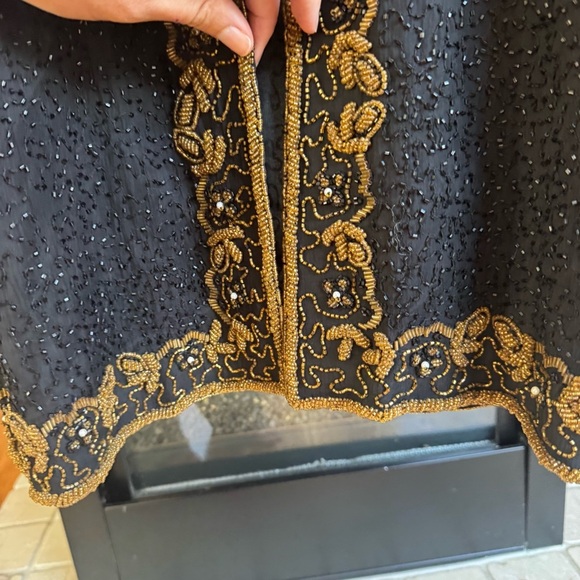 Scala Vintage Black Beaded Silk Open Front Evening Jacket Gold Boarder XL - Picture 7 of 10